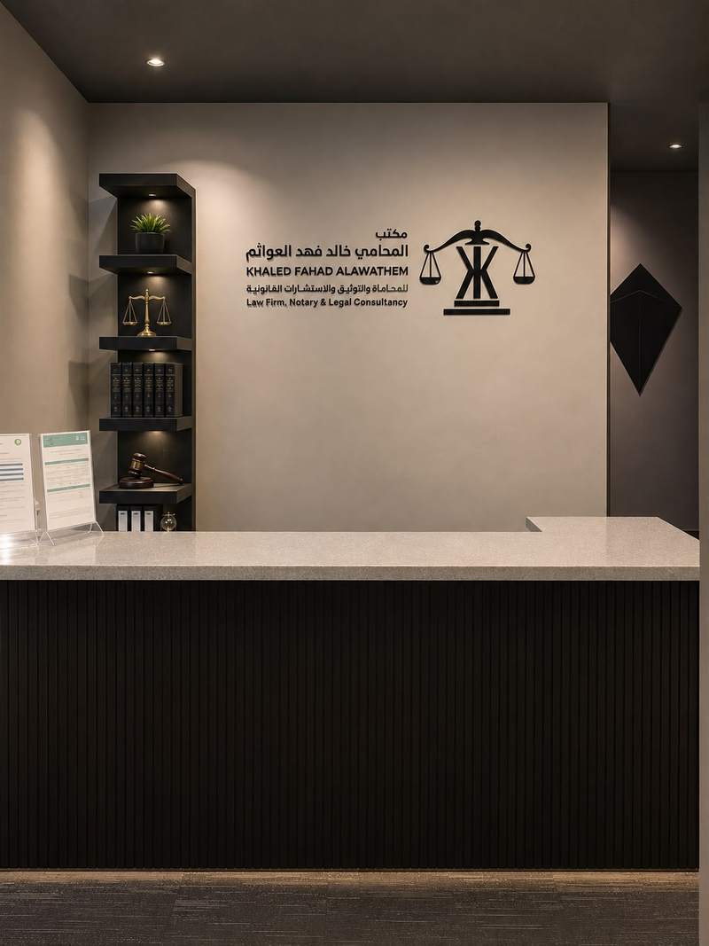 استقبال مكتب المحامي خالد فهد العواثم بشعار المكتب ورموز العدالة